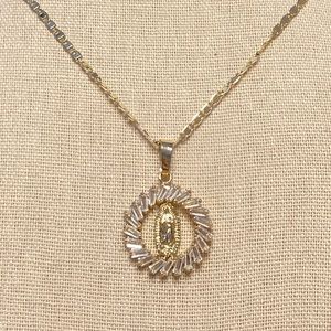 Our Lady of Guadalupe around Circle CZ Pendant on a Mariner Chain in Gold